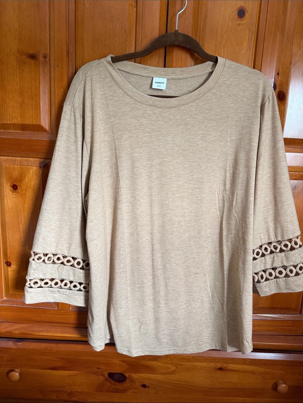 Women's Beige Crochet-Sleeve Knit Top